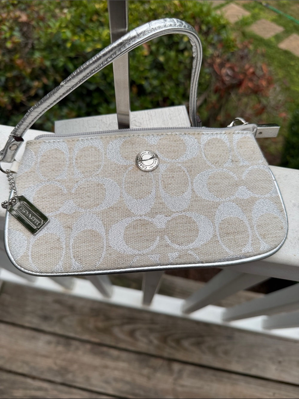 Coach Cream and Metallic Silver Signature  Logo Large Canvas Wristlet 7765 - Picture 2 of 16